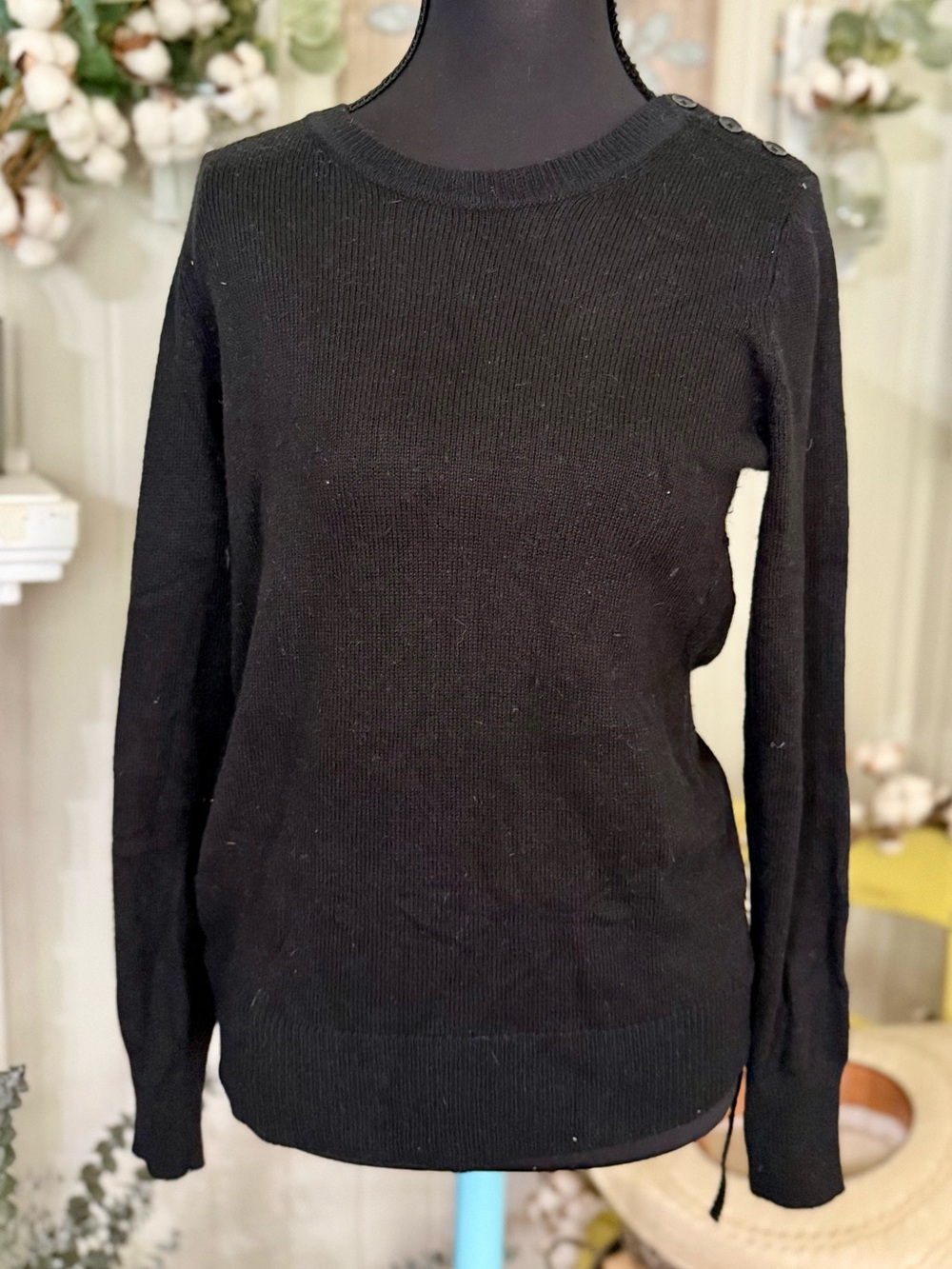 GAP Black Crewneck Sweater with Shoulder Buttons